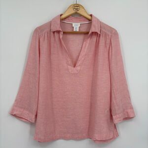 Sigrid Olsen 100% Linen Pink Split Neck Blouse, Size Medium, 3/4 Sleeve V-neck